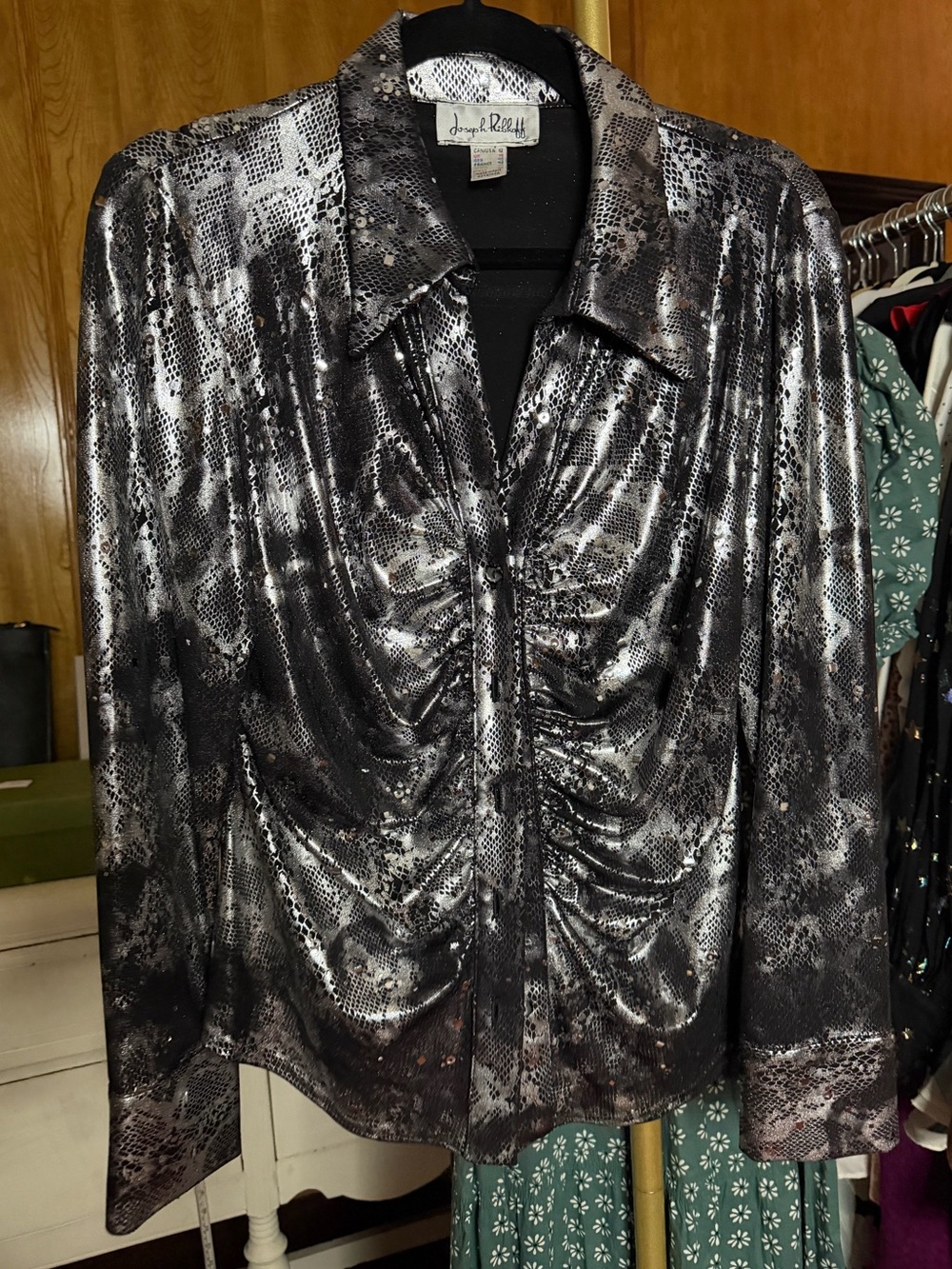 Joseph Ribkoff Metallic Snake-Print Ruched Button-Down Top - Black & Silver